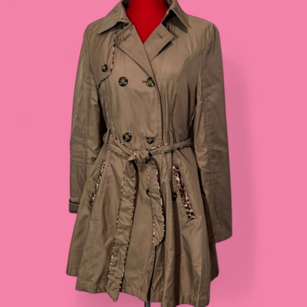 Betsey Johnson Double Breasted Corset Back Khaki Trenchcoat with Leopard Trim